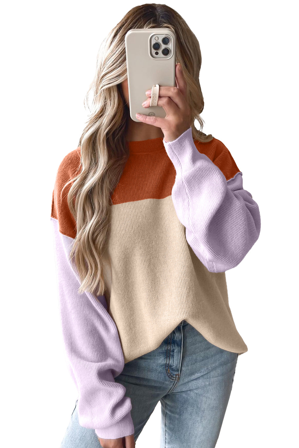 Green Colorblock Ribbed Knit Baggy Sweater