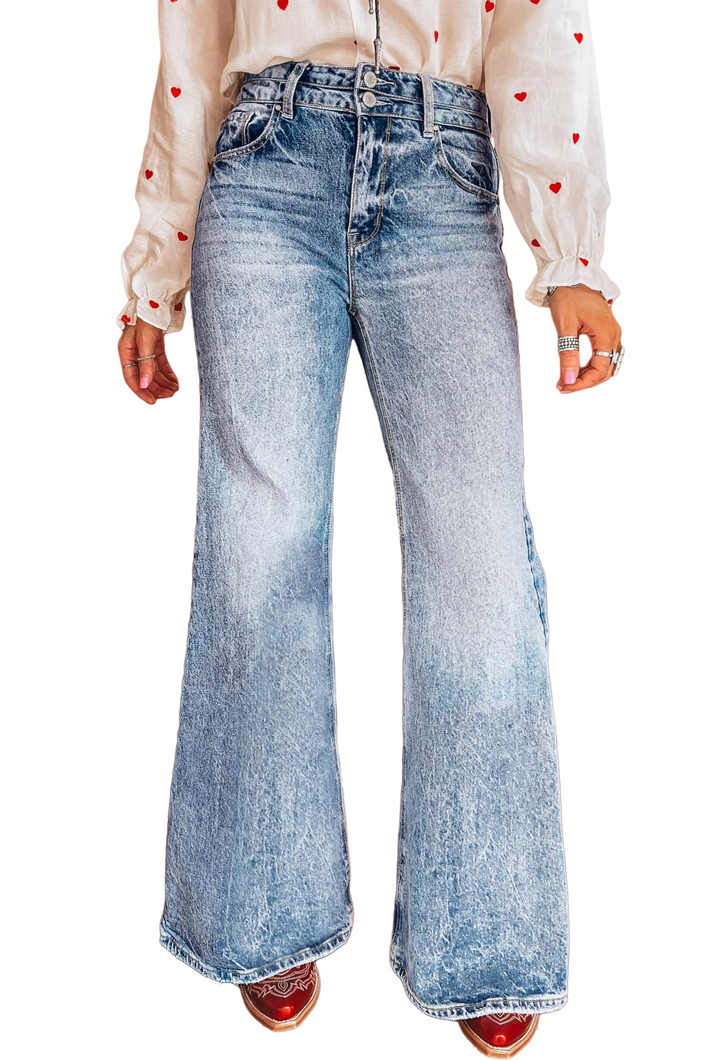 Sail Blue Acid Wash Pocket Detail Flare Jeans