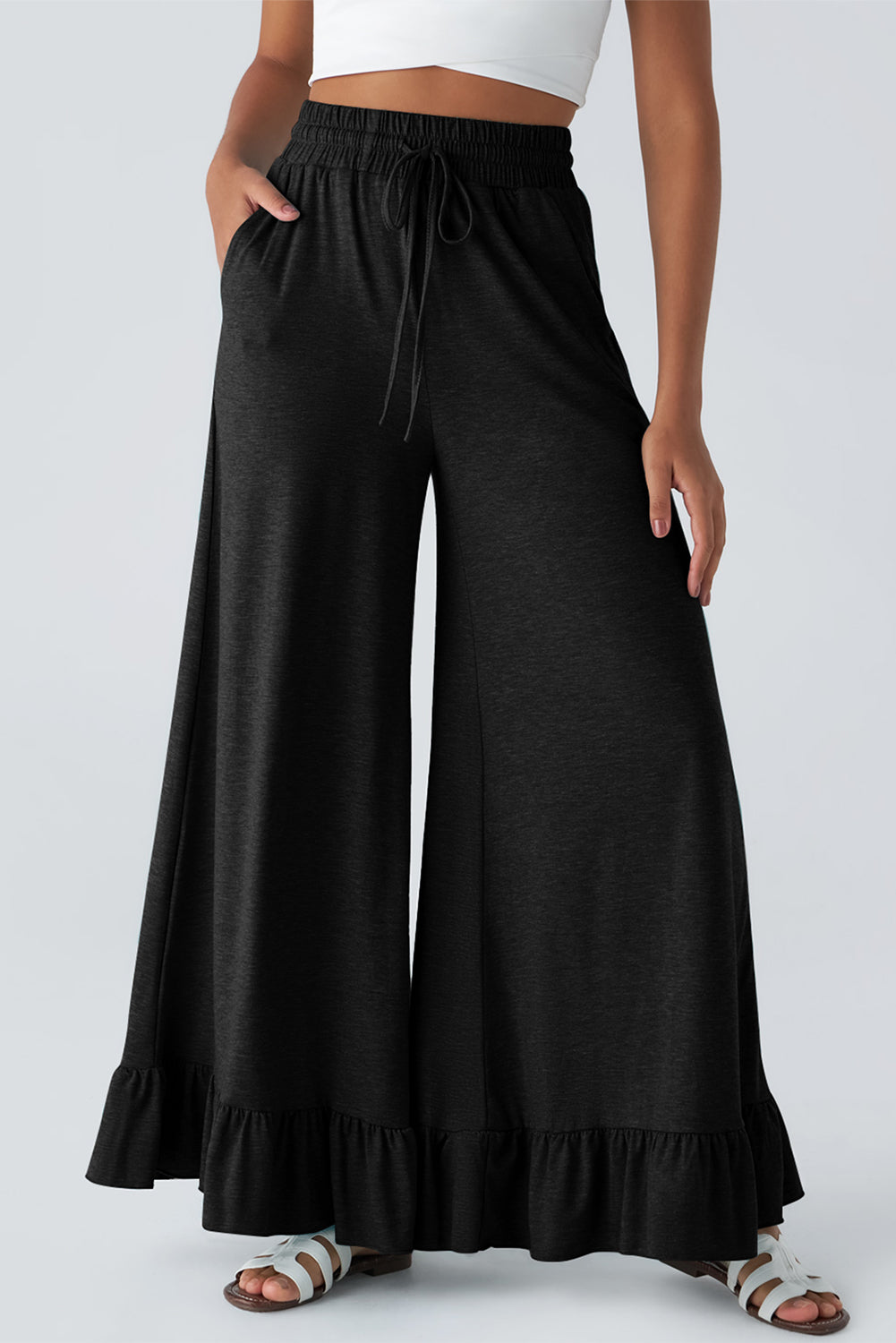 Medium Grey Solid Color Ruffle Hem Wide Leg Pants