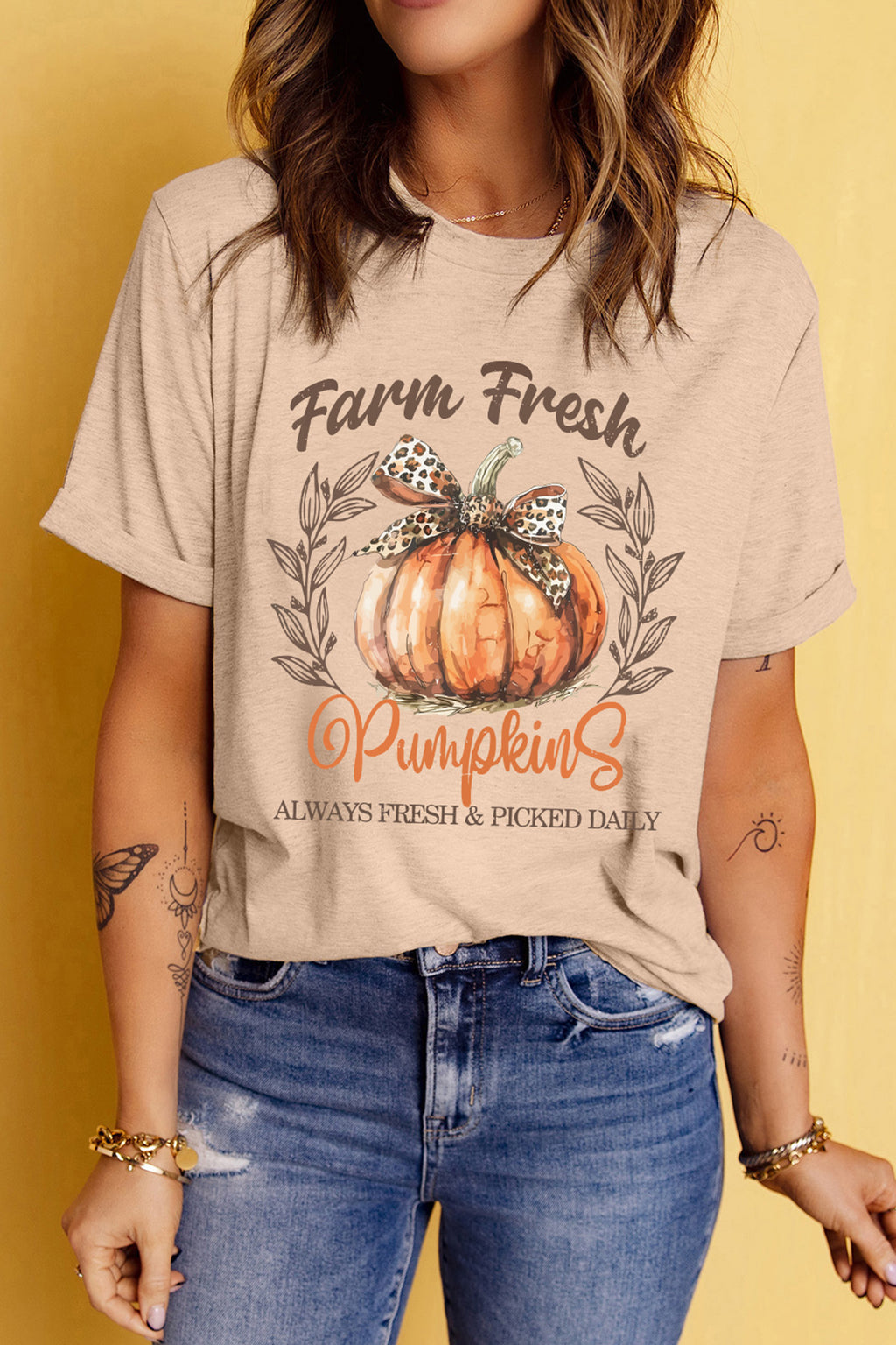 Khaki Farm Fresh Pumpkin Slogan Fall Thanksgiving Graphic Tee