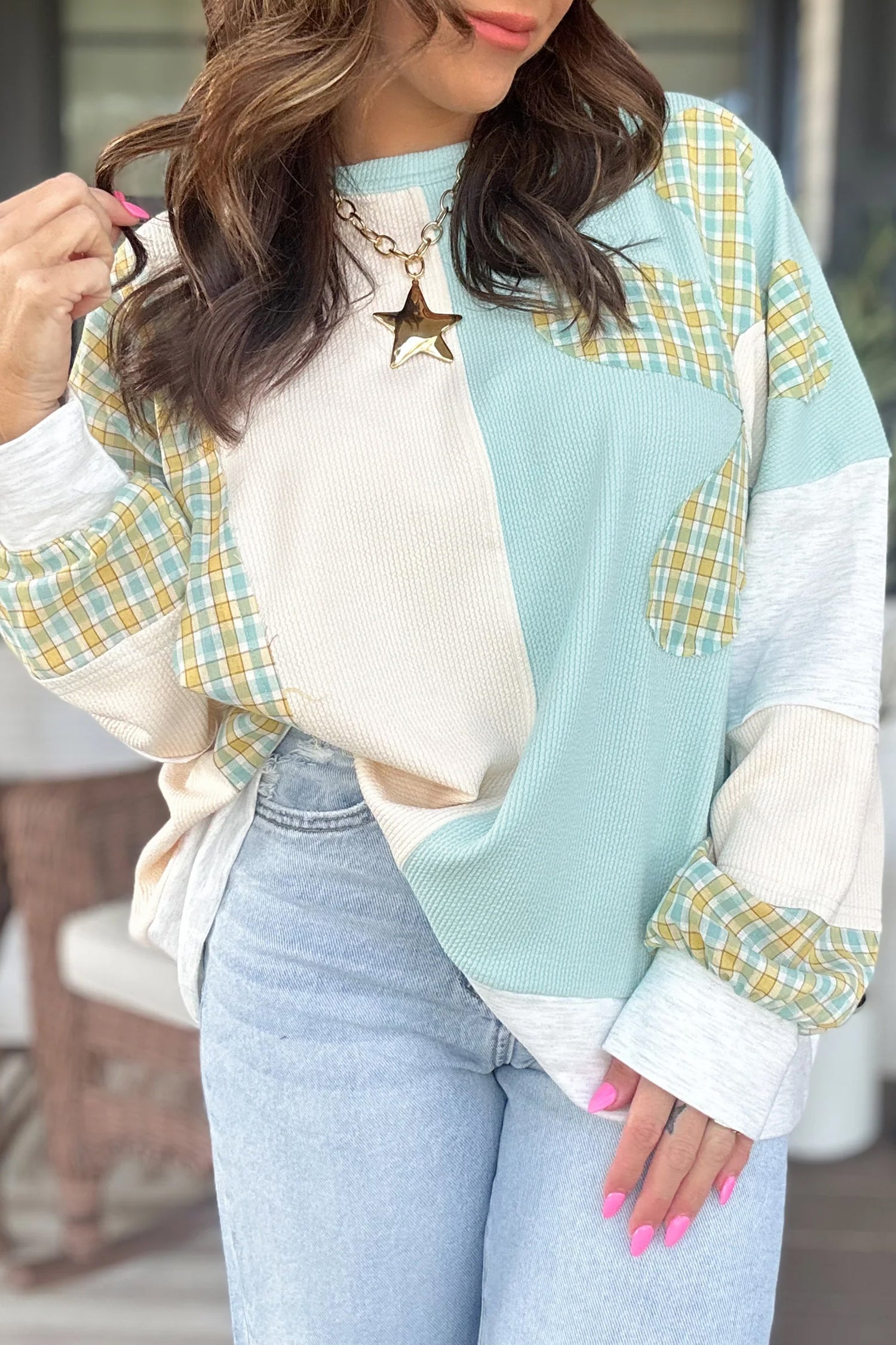 Light Blue Plaid Patchwork Round Neck Long Sleeve Top