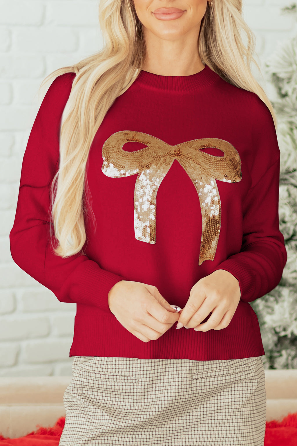 White Sequin Bow Graphic Knit Sweater