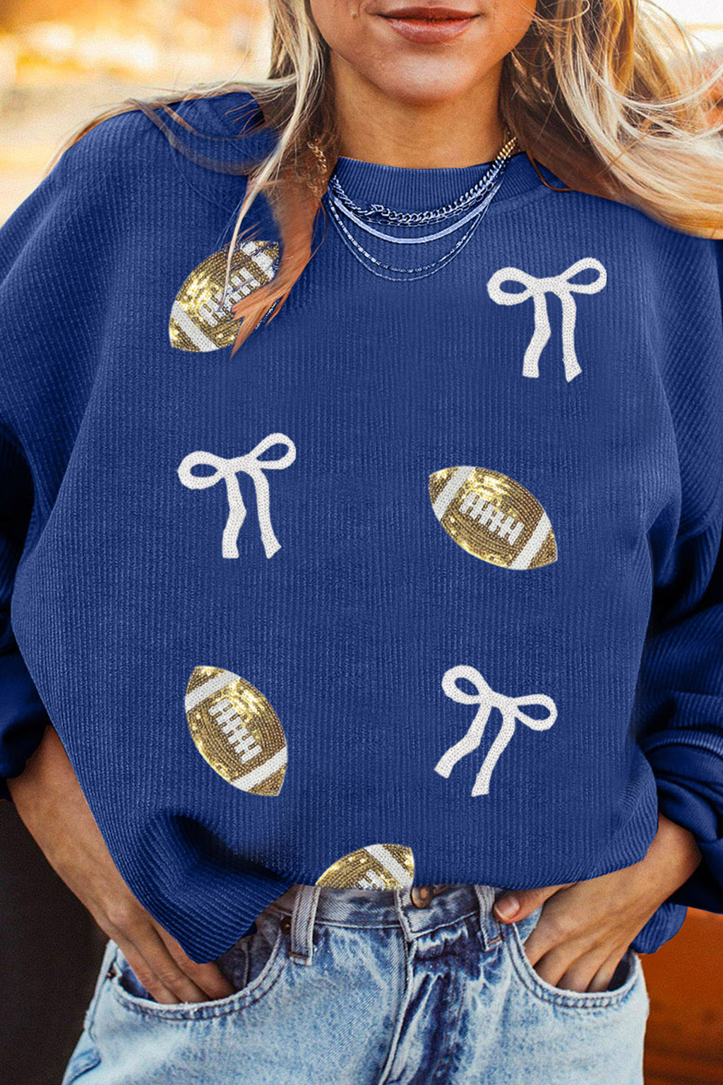 Dark Blue Corded Rib Sequin Rugby Bow Graphic Dropped Shoulder Sweatshirt