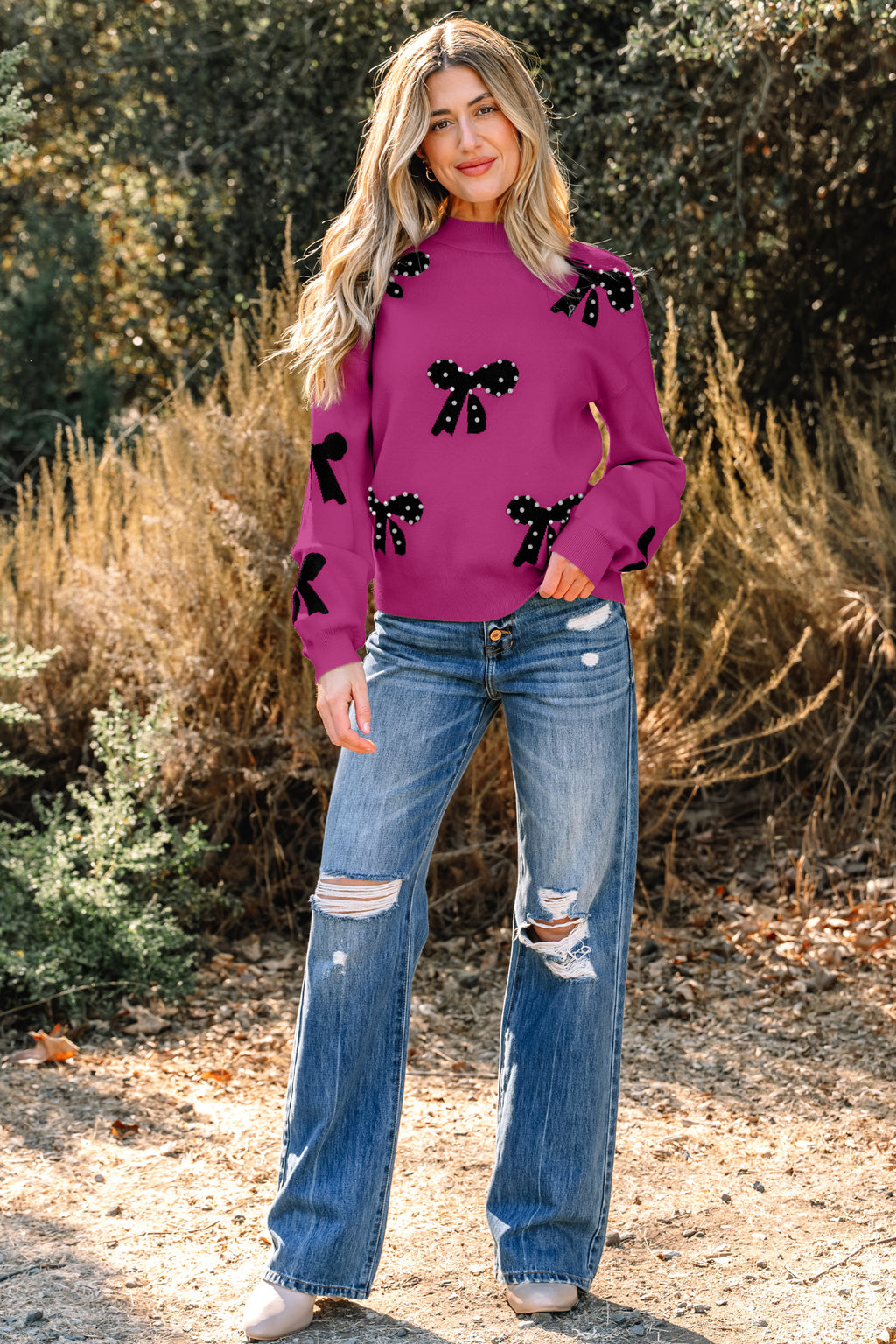 Blackish Green Pearl Embellished Bow Pattern Loose Sweater