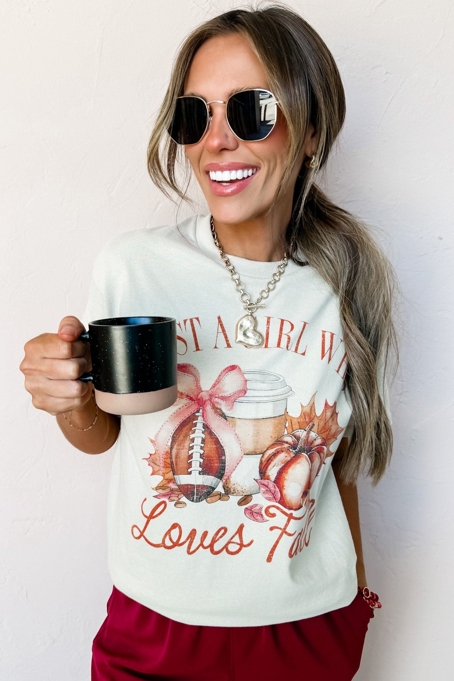 White JUST A GIRL WHO Loves Fall Graphic Casual Tee