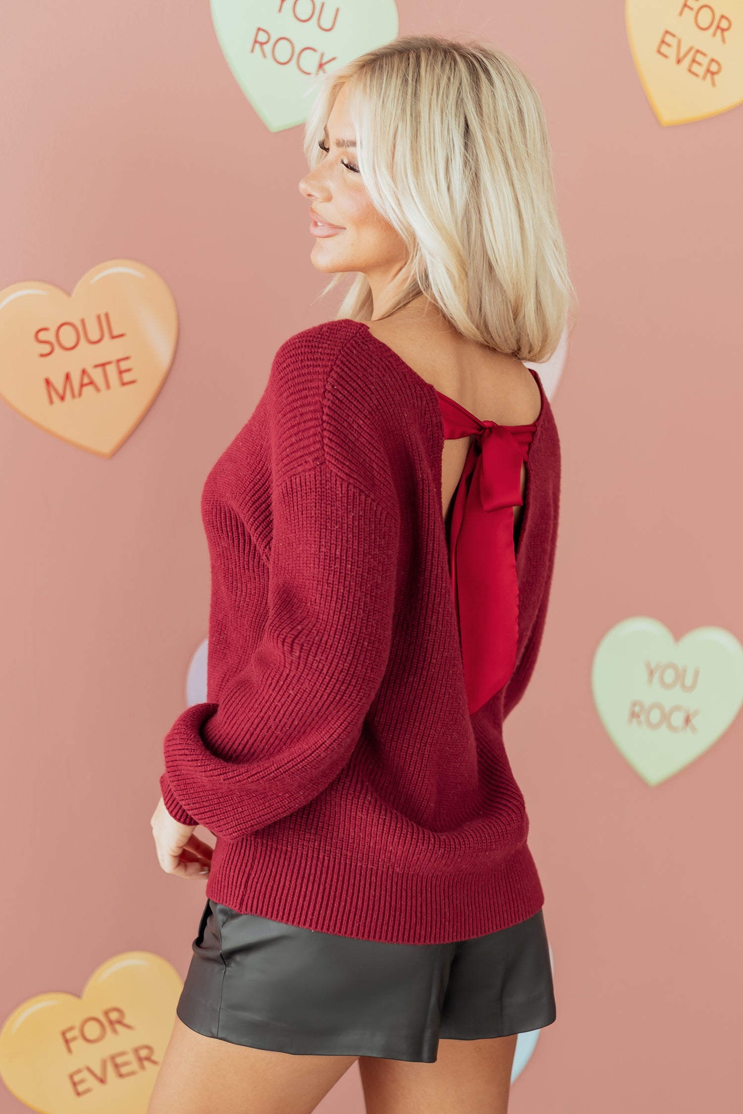 Black Ribbed Knit Ribbon Knot Backless Drop Shoulder Sweater