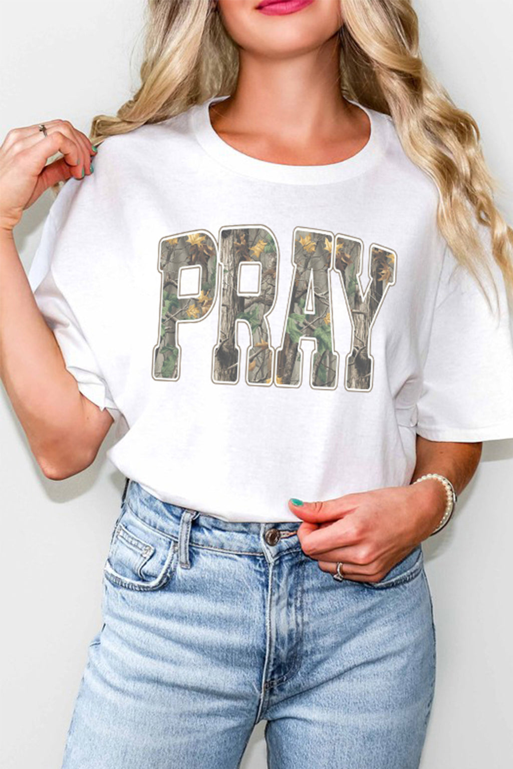White PRAY Camo Letter Print Casual Round Neck T Shirt
