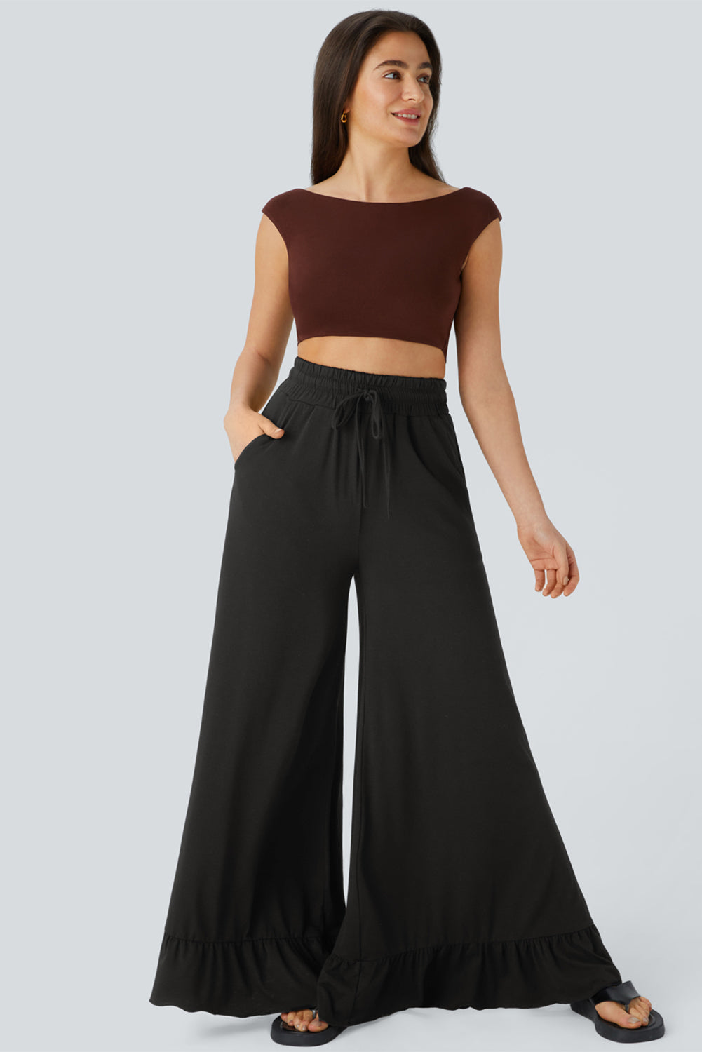 Medium Grey Solid Color Ruffle Hem Wide Leg Pants