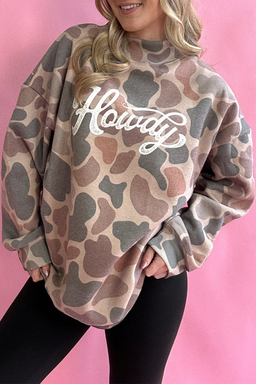 Multicolour Camo Print Howdy Western Style Baggy Pullover Sweatshirt