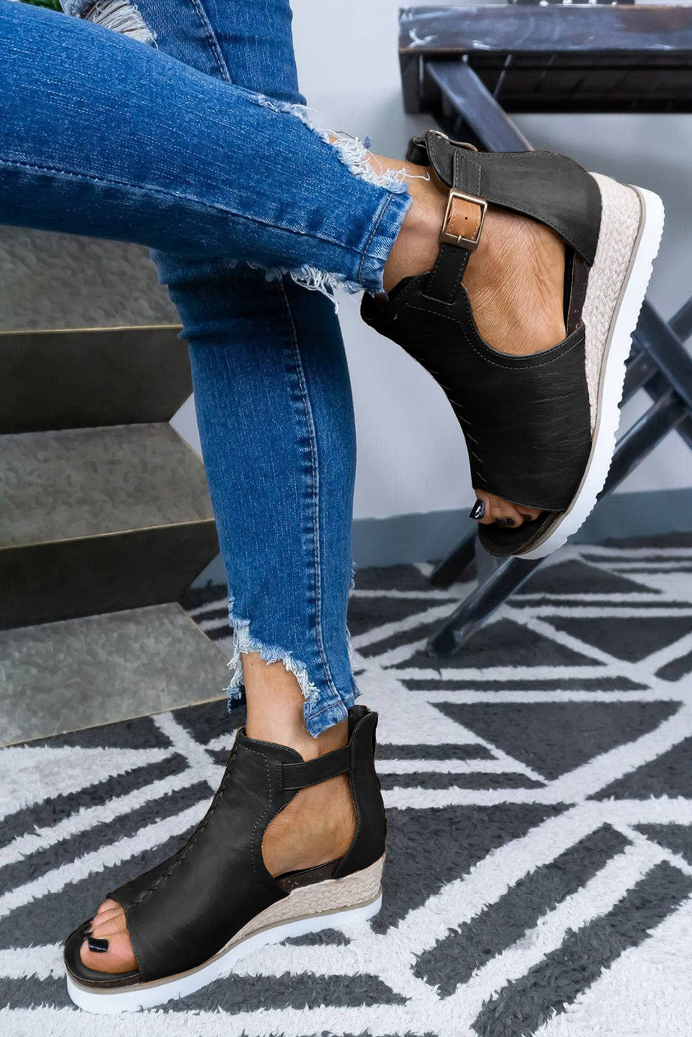 PU Cutout Buckle Strap Platform Slides Shoes